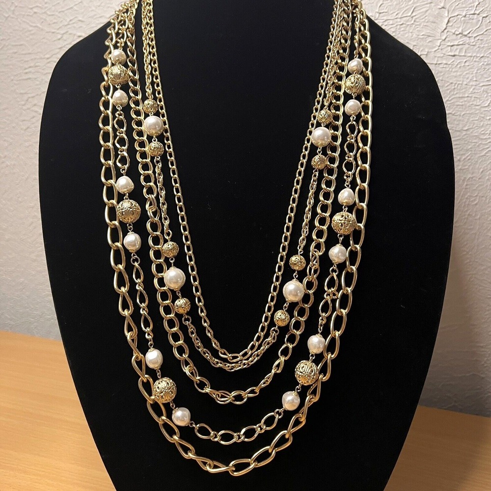 Gold-Tone Faux Pearl Bead Multi Chain Statement Necklace 34.5 in 5 Strand